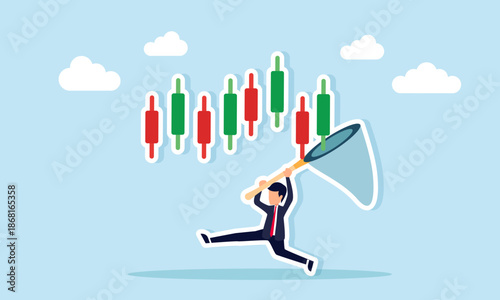 Businessman trying to catch a candlestick using a net pole illustrating efforts to take profit in stock trading