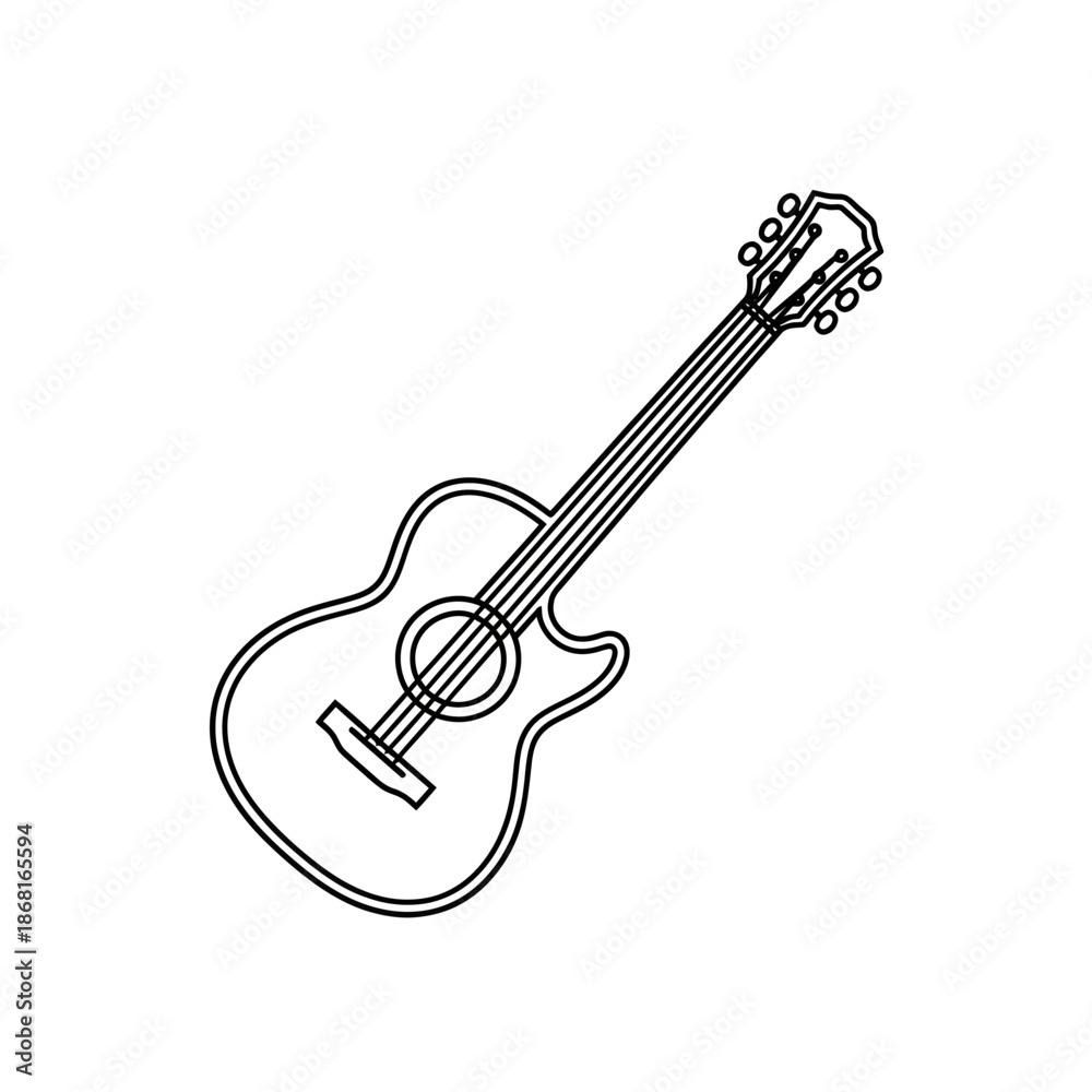 Obraz premium Acoustic guitar outline, simple line drawing, musical instrument icon