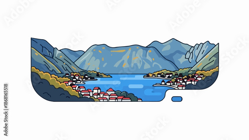 A stylized illustration of a coastal village nestled between blue mountains and a serene body of water