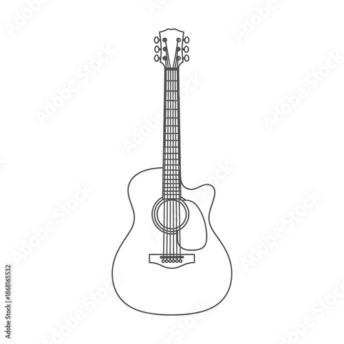 Acoustic guitar outline, simple line art, isolated on white background