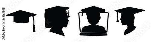 Graduation caps and silhouettes representing online education and achievement