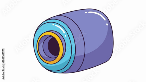 A stylized illustration of a cylindrical object with layered, colorful rings at one end