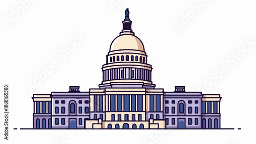 A stylized illustration of a domed government building with wings