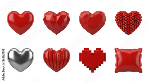 Red heart set including glossy, low poly, faceted, beaded, silver, ribbed, pixel, and pillow styles isolated. Valentine and love collection.