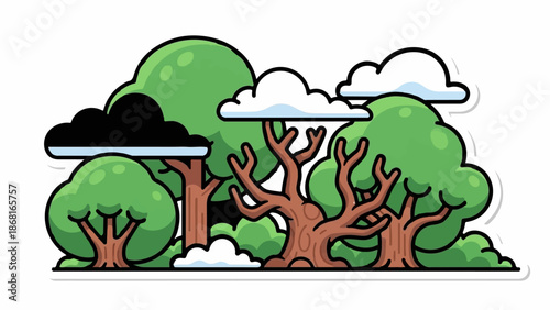A stylized forest scene with various trees and clouds