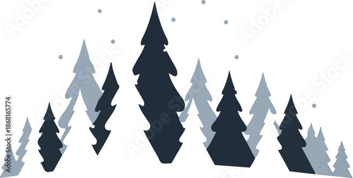 A stylized forest scene with varying shades of blue and grey trees and falling snowflakes