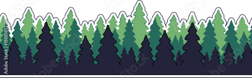 A stylized forest scene with varying shades of green evergreen trees