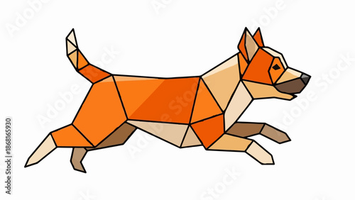 A stylized geometric drawing of a running dog in shades of orange and beige