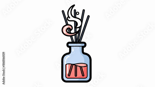 A stylized glass bottle containing pink liquid and dark sticks, emitting fragrant wisps