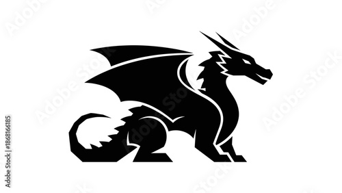 Black silhouette of a dragon with wings and sharp horns.