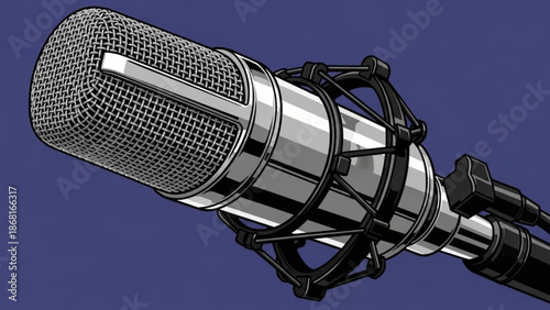 Vintage condenser microphone on a shock mount retro audio recording equipment for podcasting and studio isolated on blue