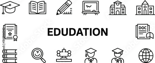 education line icons graduation cap, open book, pencil ruler, chalkboard, school building, certificate diploma, library stack, research lens, student avatar, globe
