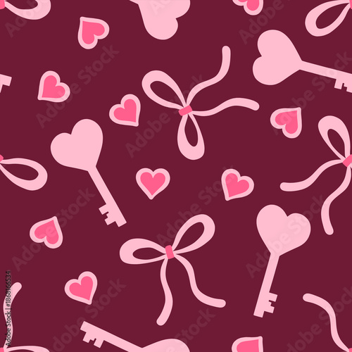 Seamless pattern with pink bow, pink heart-shaped key and hearts on a plum background symbolizing love affection and Valentine
