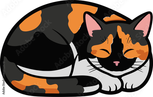 A stylized, sleeping calico cat with closed eyes and paws tucked in