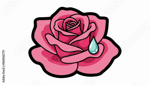 A stylized pink rose with bold black outlines and a single dewdrop