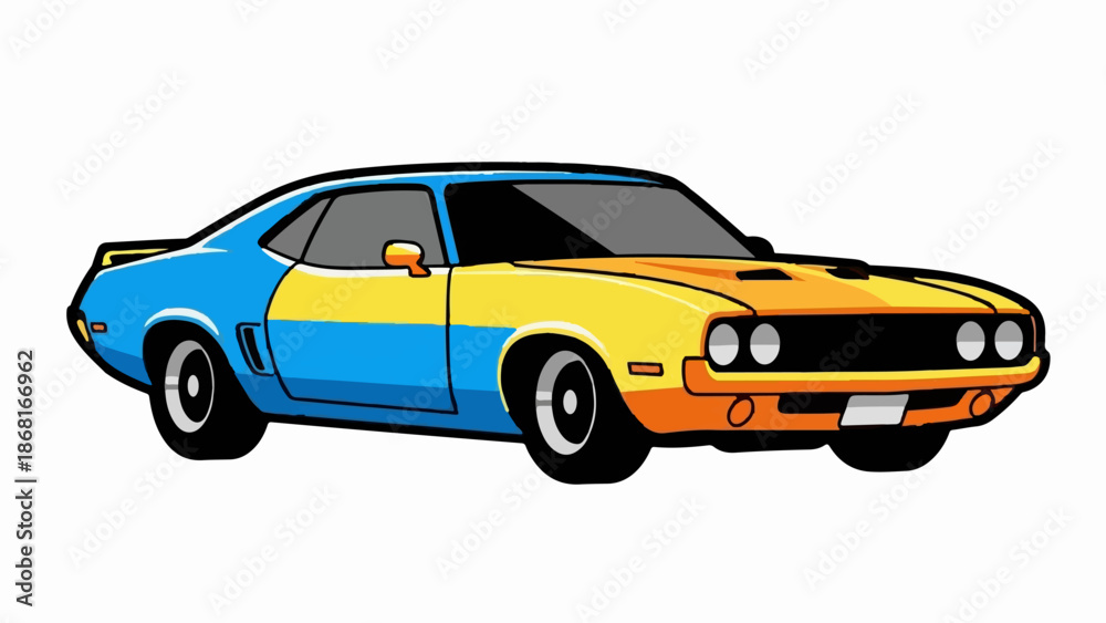 Fototapeta premium A stylized, pixelated image of a vintage muscle car, half blue and half yellow