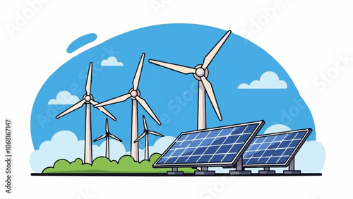 A stylized landscape featuring wind turbines and solar panels under a blue sky