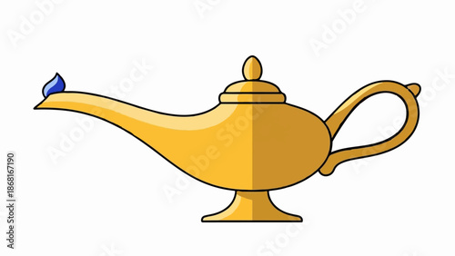 A stylized, golden, oil lamp with a blue flame emerging from its spout