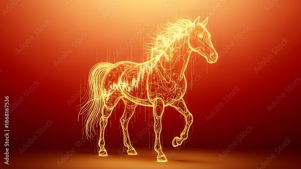 Fototapeta premium Abstract Flowing Gold Silk Forming Horse Shape for Luxury Chinese New Year 2026 Background