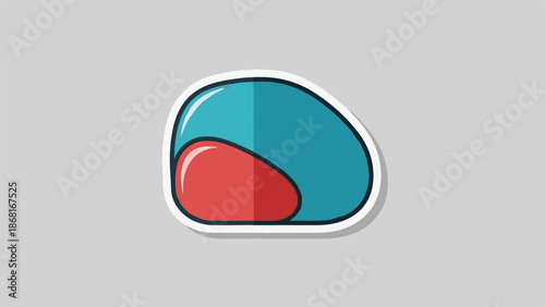 A stylized graphic of a pill divided into red and blue sections with a thick black outline on a gray background