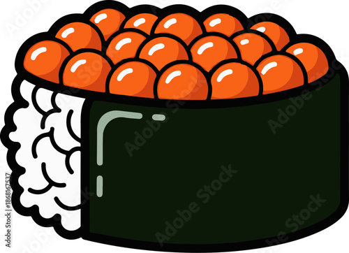 A stylized graphic of a sushi roll with bright orange roe atop fluffy white rice, bound by dark seaweed