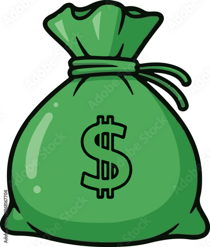 A stylized green drawstring bag with a prominent dollar sign