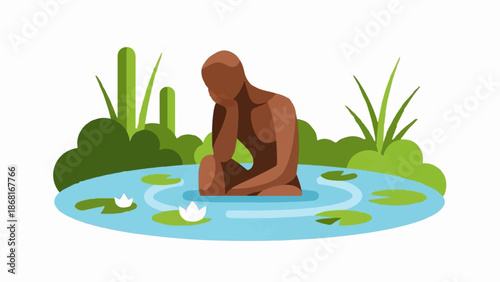 A stylized figure sits in contemplation on lily pads in a pond, surrounded by lush greenery