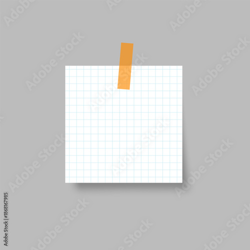 Sticky note with shadow, tape, lined and grid paper. Realistic blank paper sheets for reminders and office notes isolated on grey background.