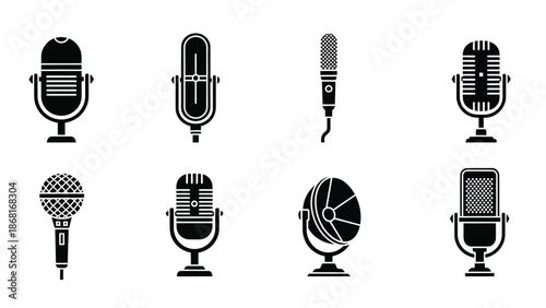 Variety of vintage and modern microphone designs in a black and white set