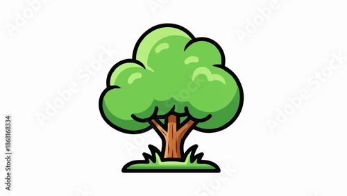 A stylized green tree with a brown trunk and a patch of grass