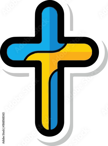 A stylized cross design in blue and yellow, symbolizing unity and faith