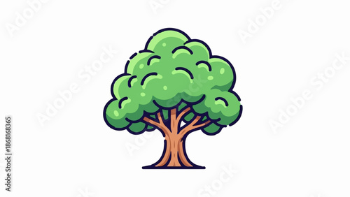 A stylized green tree with brown trunk and branches, set against a white background