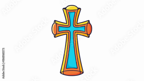 A stylized cross with orange and yellow borders and a turquoise center