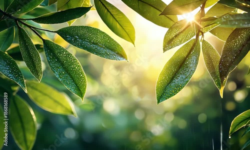 Gentle rain falling on vibrant green leaves illuminated by sunlight, creating a serene atmosphere
