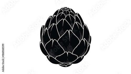 Detailed black and white illustration of a single artichoke vegetable