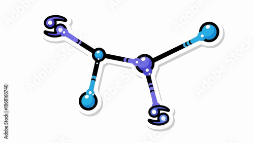 A stylized, abstract molecular structure with blue and purple spheres connected by black and purple rods