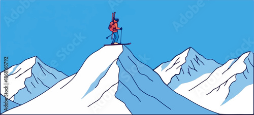 A solitary skier stands atop a snow-capped mountain peak, gazing out at a vast blue sky and surrounding snowy ranges