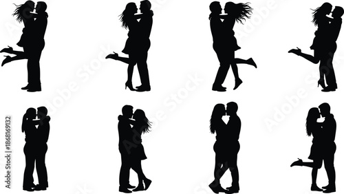 Romantic couple silhouette vector illustration set, loving man and woman embracing and kissing poses, relationship and romance concept, black white design