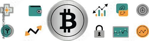 crypto icons bitcoin symbol, blockchain node, digital wallet
