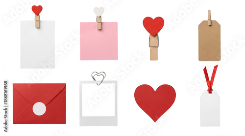 Heart stationery set including paper notes, clothespins, envelope, photo frame, and gift tags isolated. Romantic valentines day and wedding design collection.