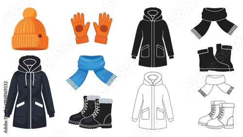 Winter clothing collection hats gloves coats scarves and boots displayed