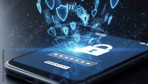 Digital security shield icon glowing on smartphone screen with network protection