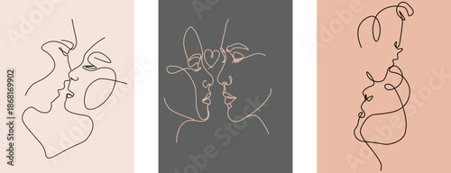 Set of Continuous One Line Drawing Couple Faces and Romantic Gestures, Minimalist Art for Valentine's Day, Hug Day, and Anniversary Designs