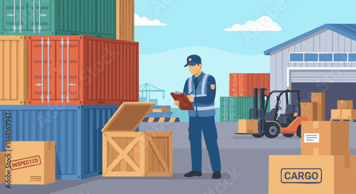 Customs Officer Inspecting Cargo
A flat vector illustration of a customs officer checking cargo containers at a port or warehouse. Boxes, containers, and clipboard visible.