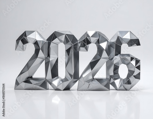 Geometric silver numerals 2026, rendered with faceted surfaces against white