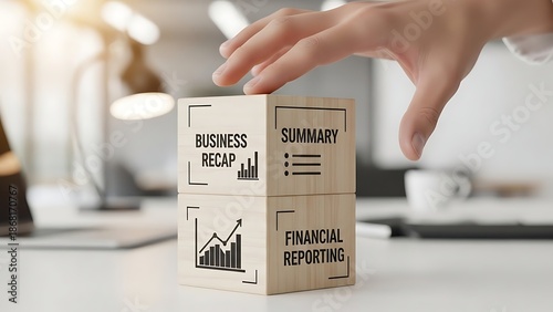 Hand selecting wooden block with business recap and financial reporting summary