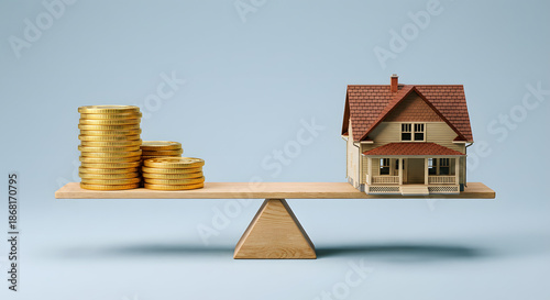 house and gold coins balancing on wooden seesaw representing real estate investment property value mortgage costs financial stability home buying budget and market equity