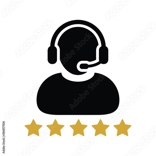 Customer Support Agent with Headset and Five Star Rating Icon Illustration