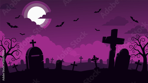 A spooky Halloween vector illustration featuring a graveyard under a full moon with bats flying in the purple sky