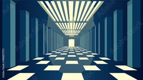 Abstract vector illustration of a symmetrical hallway with checkered floor and illuminated ceiling, creating a futuristic perspective